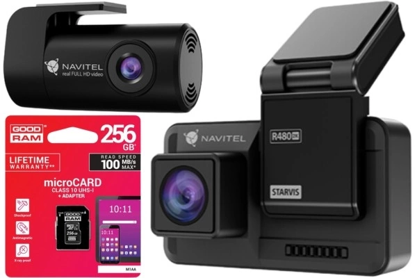 Zestaw Wideorejestrator kamera samochodowa Navitel R480 2K DUAL IPS z sensorem SONY IMX335 + karta pamięci 256GB