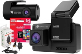 Zestaw Wideorejestrator kamera samochodowa Navitel R480 2K DUAL IPS + zasilacz SMARTBOX MAX + karta pamięci 64GB