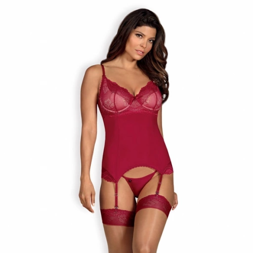 Czerwony seksowny gorset - Obsessive Rosalyne Corset & Thong Red L/XL