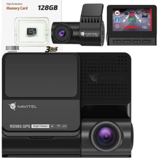 Zestaw Wideorejestrator NAVITEL RS985 GPS Duo (przód + tył) ADAS, prędkościomierz, mapy Europy + karta 128 GB