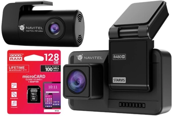 Zestaw Wideorejestrator kamera samochodowa Navitel R480 2K DUAL IPS z sensorem SONY IMX335 + karta pamięci 128GB