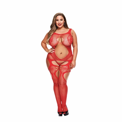 Mocno powycinane bodystocking - Lapdance Open Front Lace Bodystocking Red X  L/XL