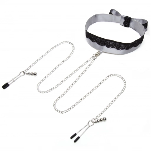 Fifty Shades of Grey Play Nice Satin and Lace Collar and Nipple Clamps - Zaciski na sutki