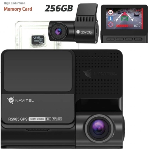 Zestaw Wideorejestrator NAVITEL RS985 GPS Duo (przód + tył) ADAS, prędkościomierz, mapy Europy + karta 256 GB