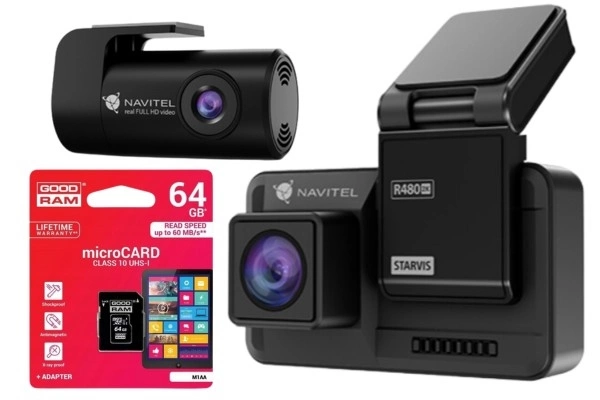 Zestaw Wideorejestrator kamera samochodowa Navitel R480 2K DUAL IPS z sensorem SONY IMX335 + karta pamięci 64GB