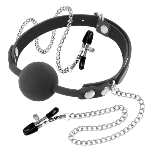 Fetish tentation Silicone Gag Ball With Nipple Clamps - Knebel z zaciskami na sutki ⚫ DARMOWA DOSTAWA od 299zł ⚫ DYSKRETNA PRZESYŁKA 24H Z POLSKI ⚫